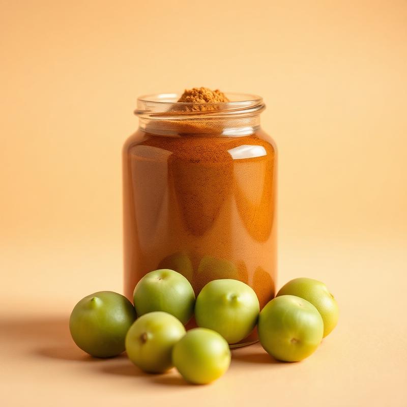 Jar of Bhoomiansh Amla powder with fresh green amla fruits