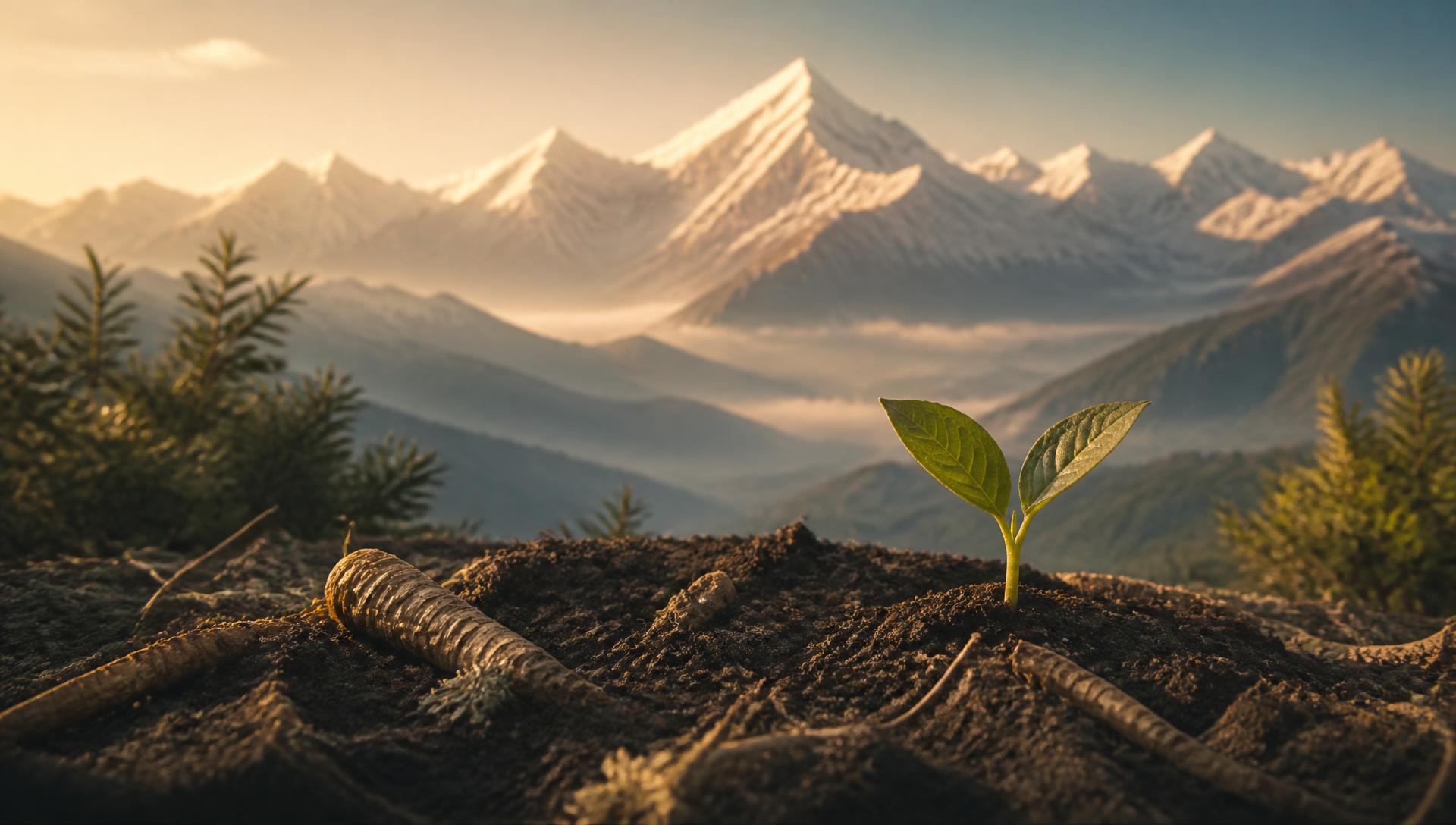 A green sprout rising from dark soil with Himalayan mountains behind at golden hour