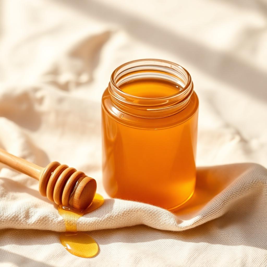 Glass jar of Bhoomiansh raw honey with a wooden dipper on cream linen