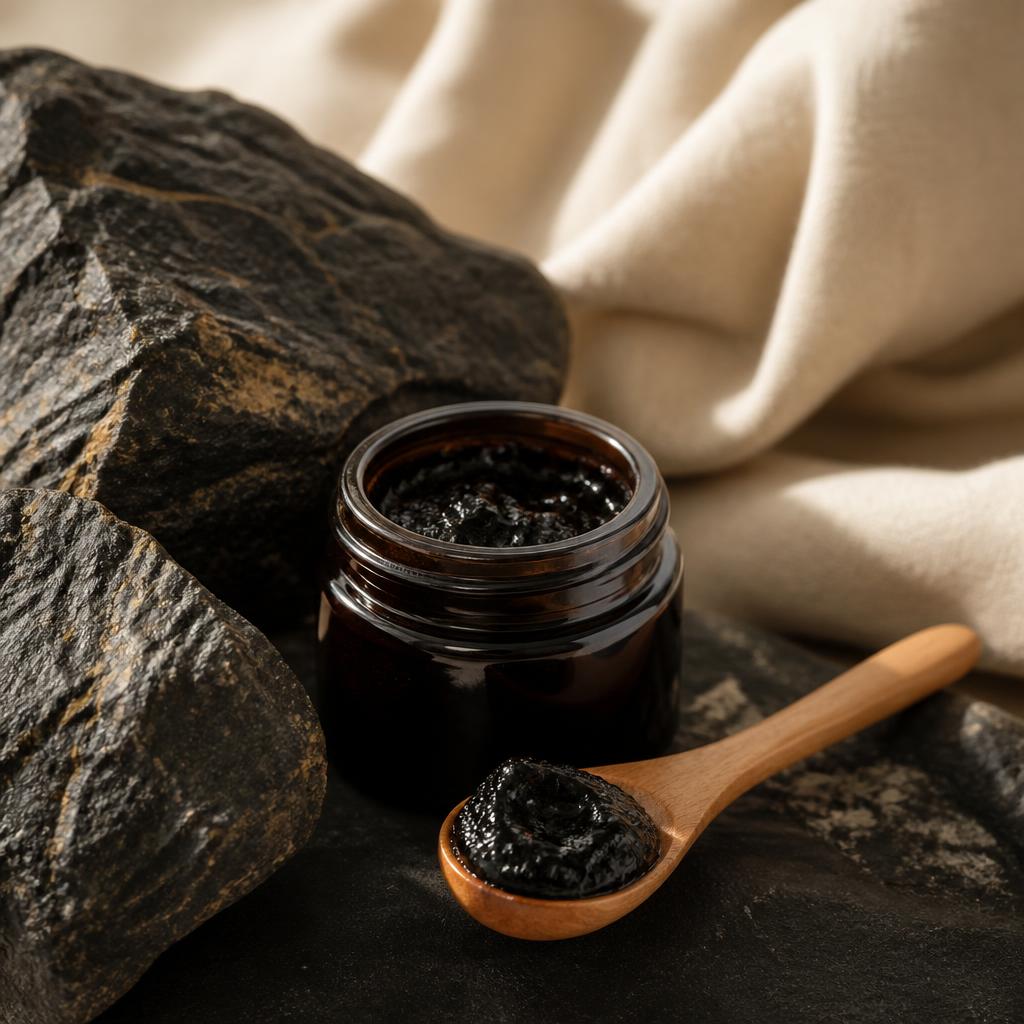 Dark glass jar of Bhoomiansh Shilajit resin with a wooden spoon and stones
